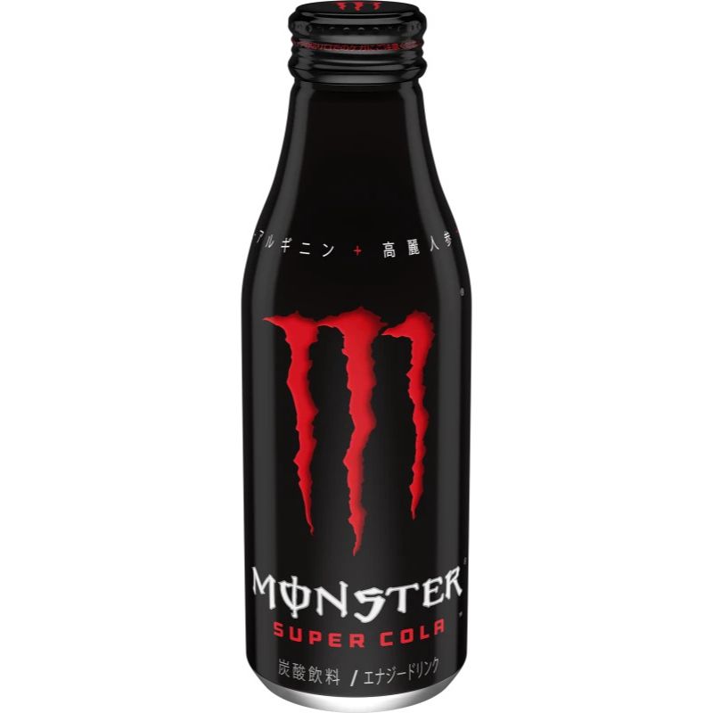 Front of Monster Energy Super Cola bottle showing the bold Monster logo, cola flavour label, and 500ml pack size.