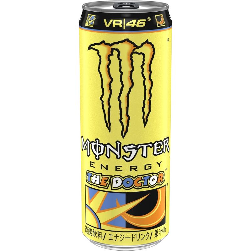 Front of Monster Energy The Doctor VR46 (Japan) can showcasing vibrant yellow design, bold logo, and 355ml pack size.