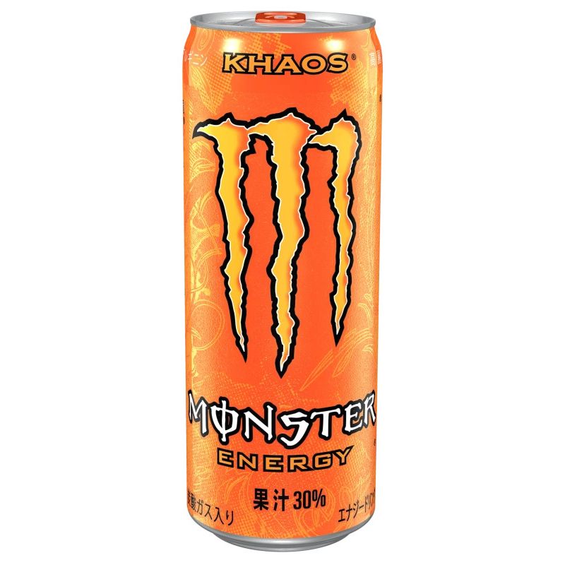 Front of Monster Energy Khaos (Japan) can showing vibrant orange label with logo and fruit juice content (355ml)