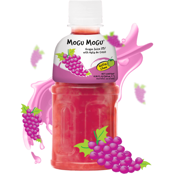 Front of Mogu Mogu Grape 320ml bottle showing vibrant grape juice, nata de coco details, and playful design.