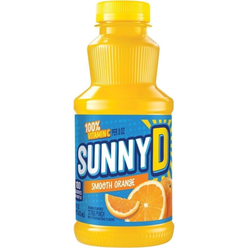 Front of Sunny D Smooth Orange 473ml bottle showing vibrant yellow packaging, logo, orange-flavoured label, and images of orange slices.