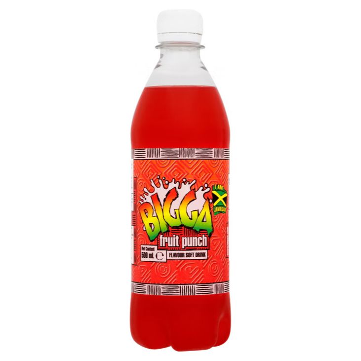 Front of Bigga Fruit Punch Soda bottle showing bright logo, fruit punch flavour label, and 600ml size.