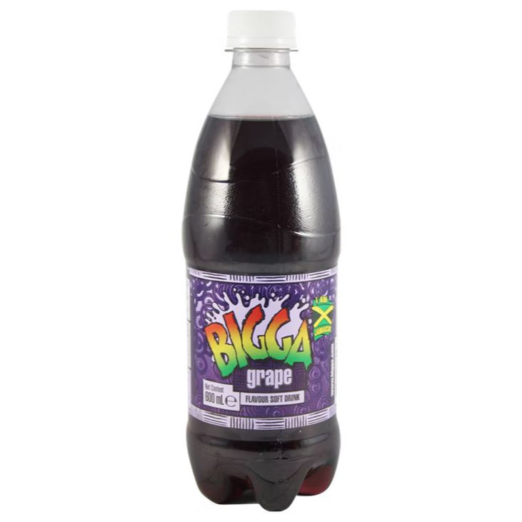 Front of Bigga Grape Soda bottle showing vibrant purple label, grape flavour text, and 600ml capacity
