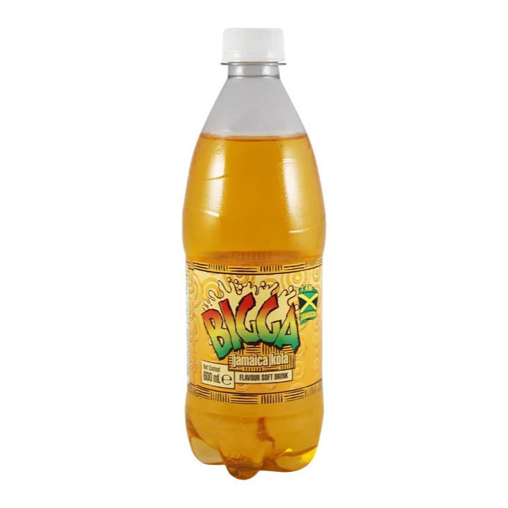 Front of Bigga Jamaican Kola bottle featuring the vibrant logo, 'jamaican kola' label, and 600ml pack size