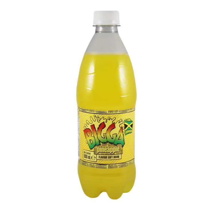 Front of Bigga Pineapple Soda bottle featuring a bright yellow label with bold logo, pineapple flavour, and pack size of 600ml.