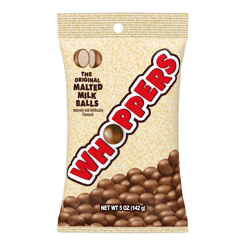 Front of Hershey's Whoppers bag featuring the bold red logo, malted milk balls illustration, and nutritional information (141.7g pack)