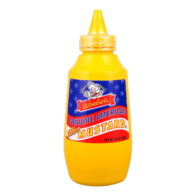 Front of Woeber's Genuine American Yellow Mustard squeeze bottle showing the vibrant yellow label, bold mustard name, and 453g pack size