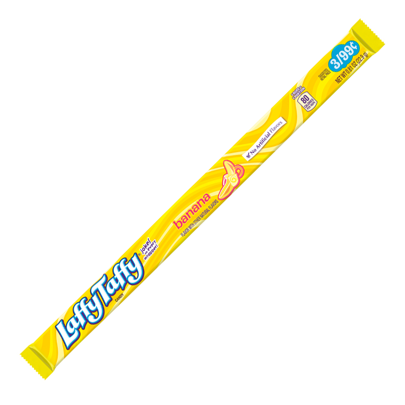 Front of Laffy Taffy Banana Rope Candy showing the yellow packaging with the logo, banana flavour indication, and 22.9g size details.