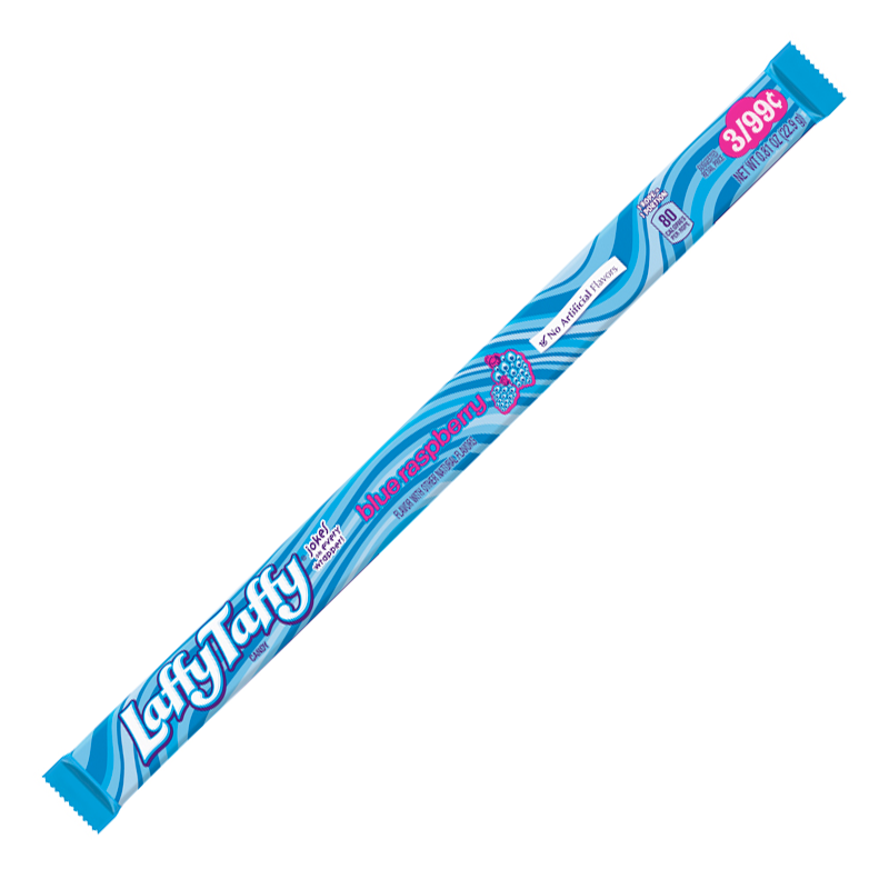 Front of Laffy Taffy Blue Raspberry Rope Candy packaging showing blue and white swirls, bold logo, and blue raspberry flavour details (22.9g)
