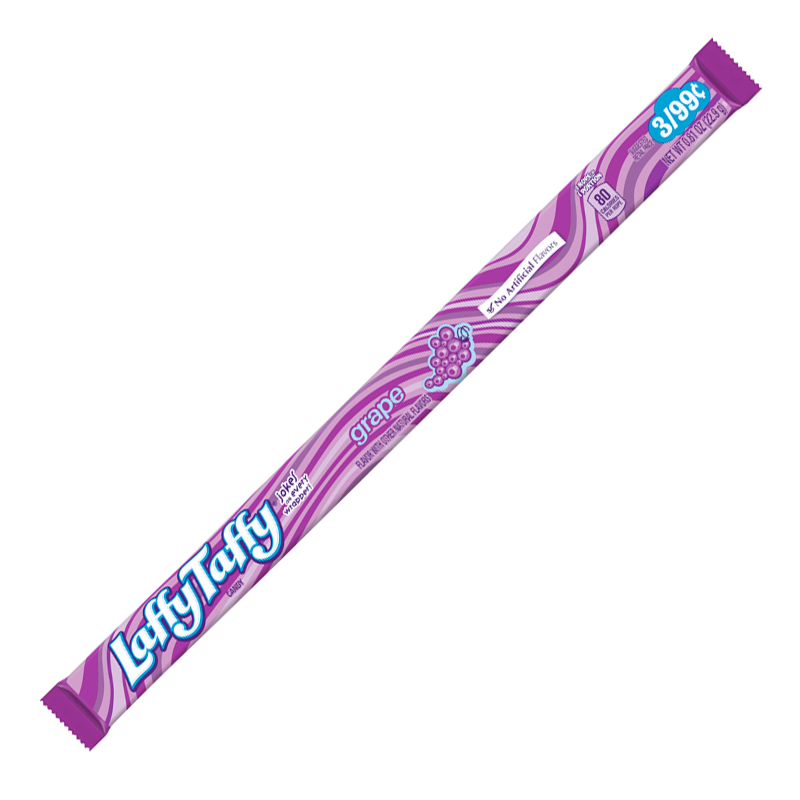 Front of Laffy Taffy Grape Rope Candy showing vibrant purple design, grape flavour label, and 22.9g pack size.
