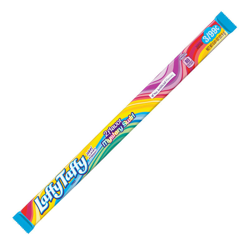Front of Laffy Taffy Mystery Swirl Rope Candy packaging showing colourful design, 2-flavour label, and 22.9g pack size.