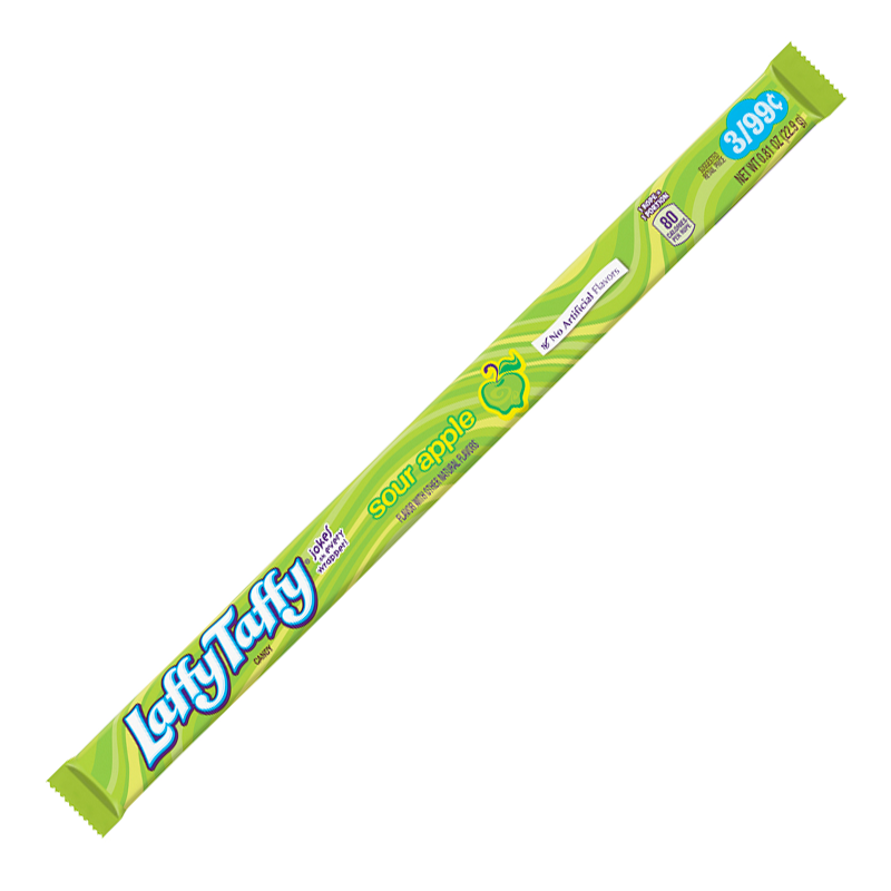 Front of Laffy Taffy Sour Apple Rope Candy showing the green packaging with the logo and sour apple flavour label (22.9g)