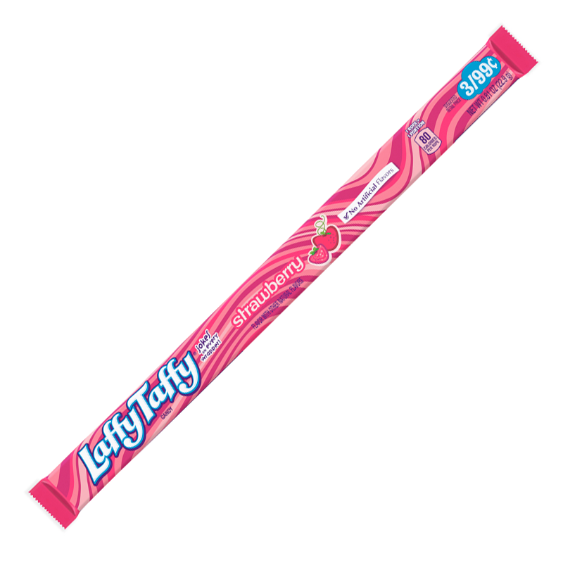 Front of Laffy Taffy Strawberry Rope Candy showing vibrant pink wrapper with the logo, strawberry flavour label, and pack size (22.9g)