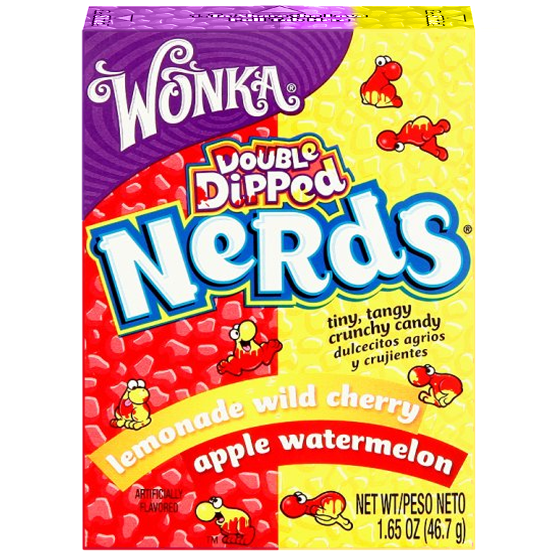 Front of Nerds Double Dipped Lemonade Wild Cherry Apple Watermelon box showing vibrant logo, flavour details, and playful candy illustrations (46.7g pack)
