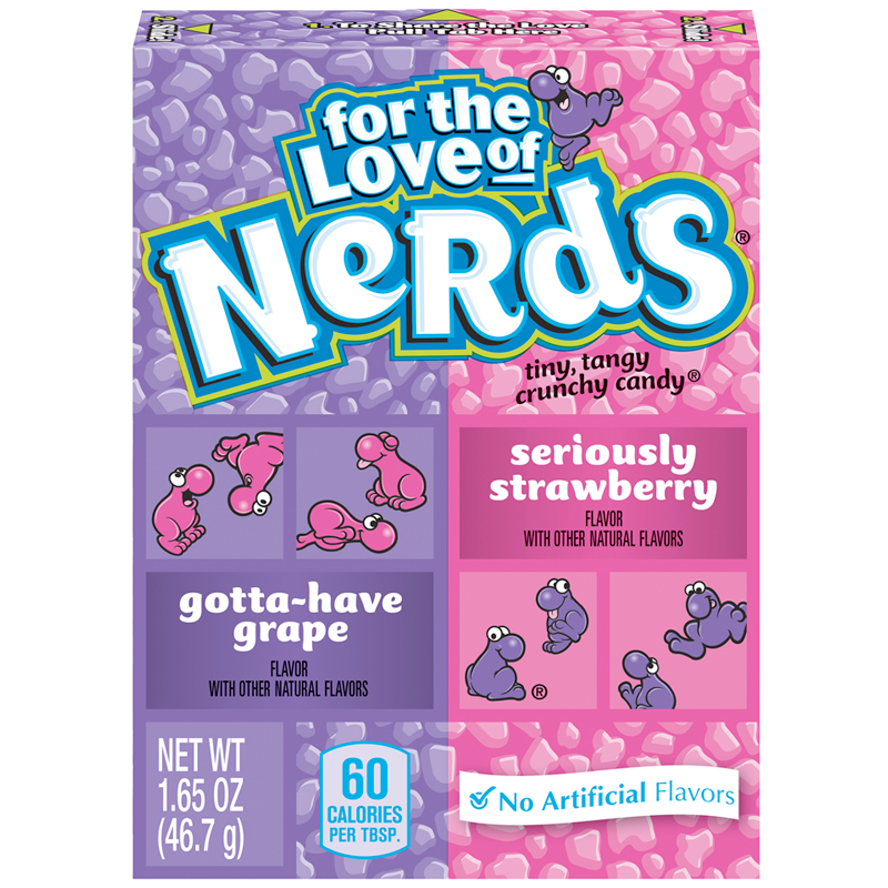 Front of Nerds Grape & Strawberry box showing brightly coloured packaging with the Nerds logo, grape and strawberry flavour text, and 46.7g weight.