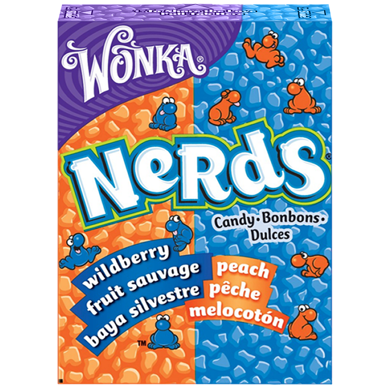 Front of a Nerds Candy box showing vibrant blue and orange colours, featuring the flavours Peach and Wildberry, with a 46.7g pack size.