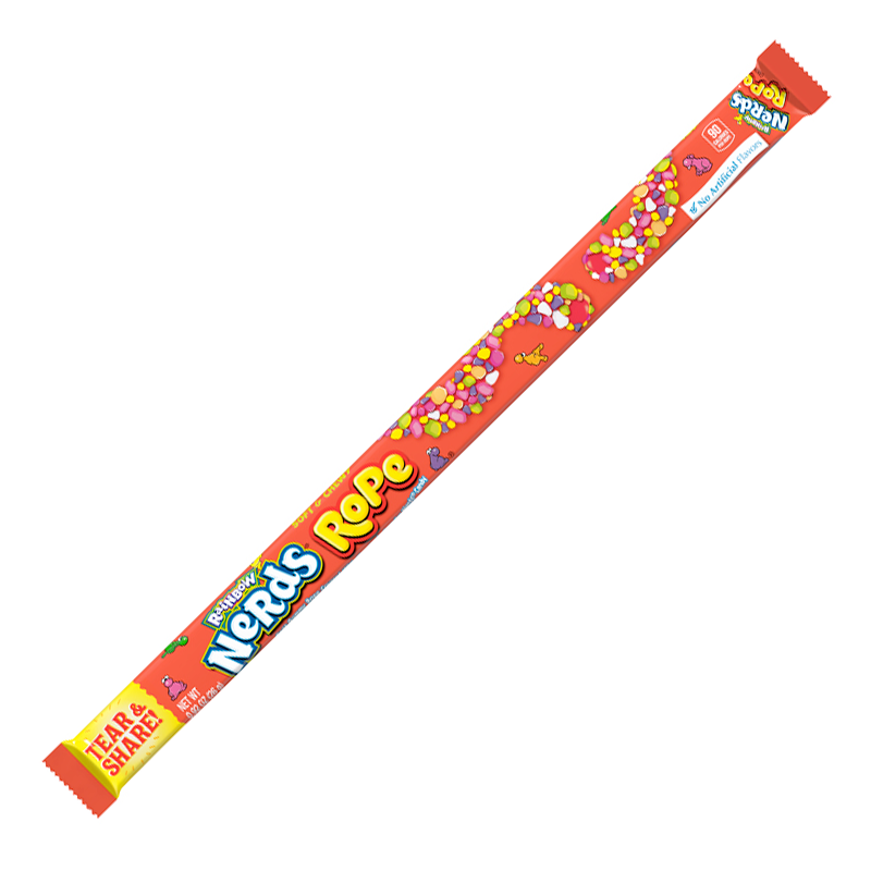 Front of Nerds Rope Rainbow showing colourful sprinkles, playful logo, and 26g pack size