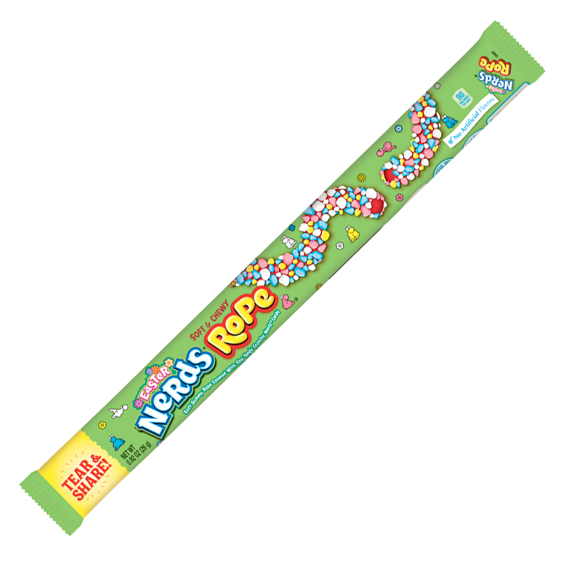 Front of Nerds Springtime Easter Rope showing vibrant green packaging with the Nerds logo and colourful candy pieces (26g pack)