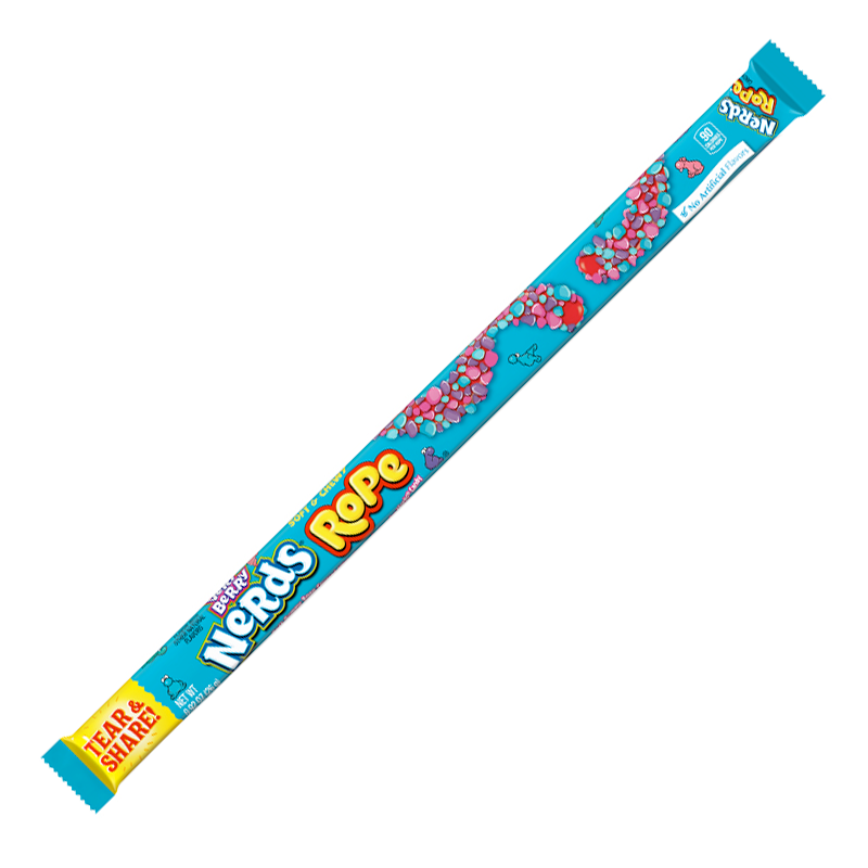Front of Nerds Rope Very Berry showing logo, vibrant rope candy with colourful Nerds, and 26g pack size