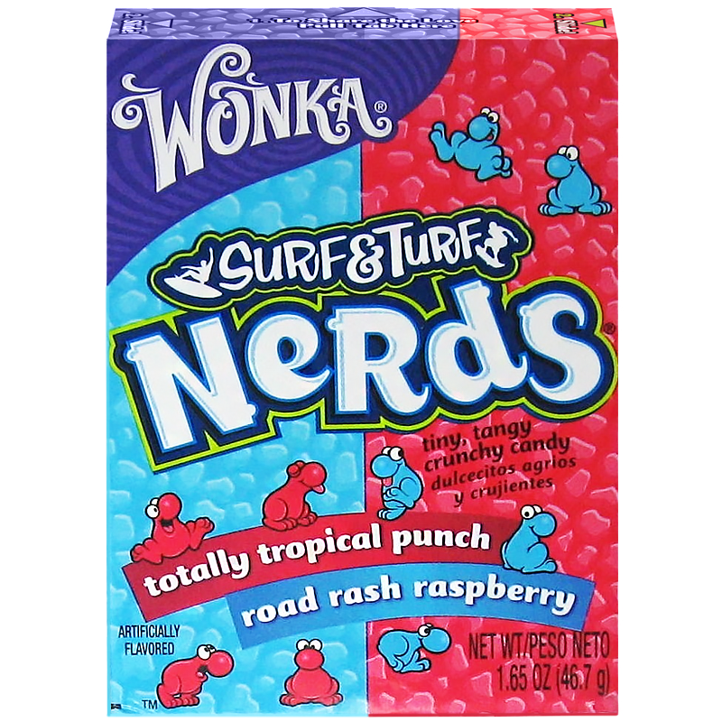 Front of Nerds Surf & Turf Raspberry & Tropical Punch box featuring vibrant blue and red colours with logos and cartoon candies, 46.7g pack.