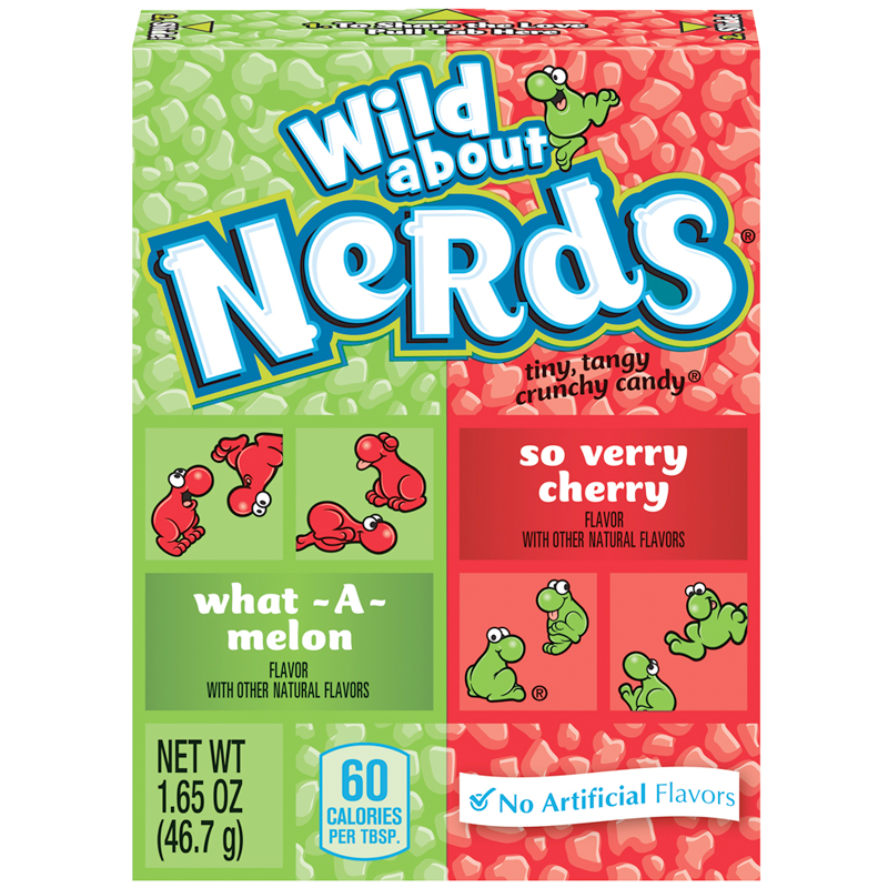 Front of Nerds Wild Cherry & Watermelon candy box showing bold logo, vibrant red and green sections, and flavour details (46.7g pack)