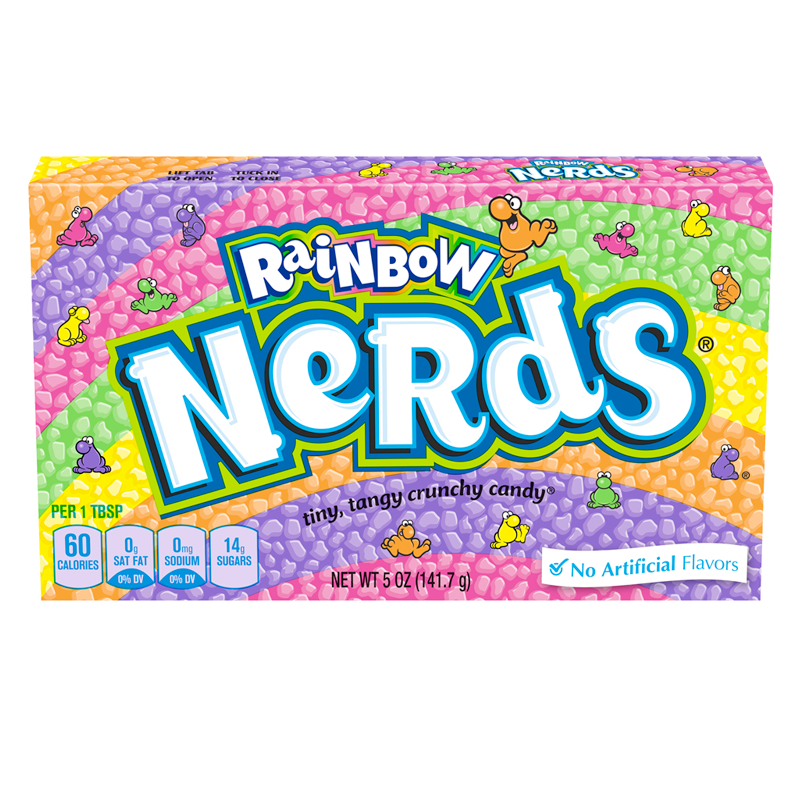Front of Nerds Rainbow Theatre Box showing vibrant packaging with the logo, tiny, tangy crunchy candy design, and 141.7g weight