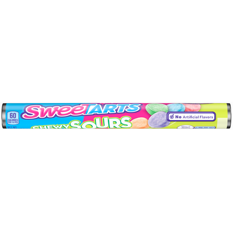 Front of SweeTarts Chewy Sours Candy Rolls showing the brand logo, colorful candy pieces, and 46.7g pack size.