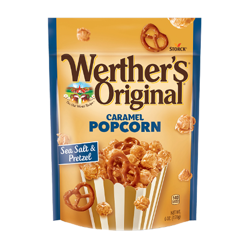 Front of Werther's Sea Salt & Pretzel Caramel Popcorn 150g bag featuring a mix of caramel popcorn and pretzels in a decorative cup.