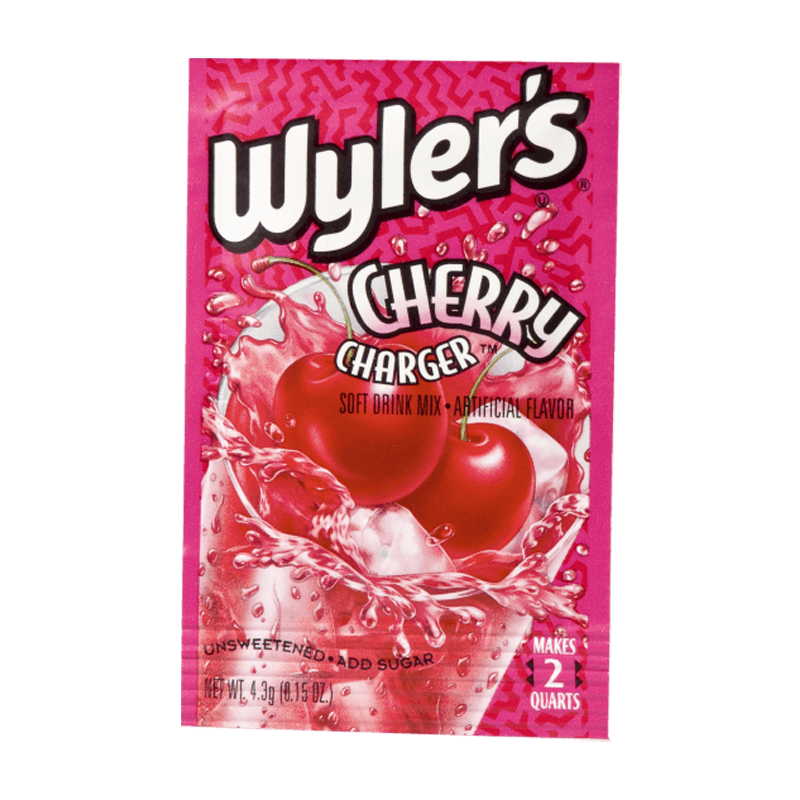 Front of Wyler's Cherry Charger Drink Mix sachet showing bright pink packaging with logo, cherry illustration, and details for soft drink mix (6.5g)