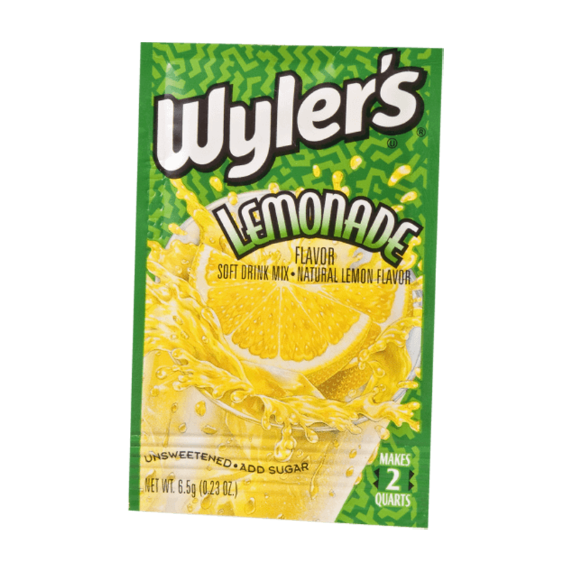 Front of Wyler's Lemonade Drink Mix sachet showing vibrant green packaging, lemon flavour label, and refreshing lemonade splash design (6.5g sachet)