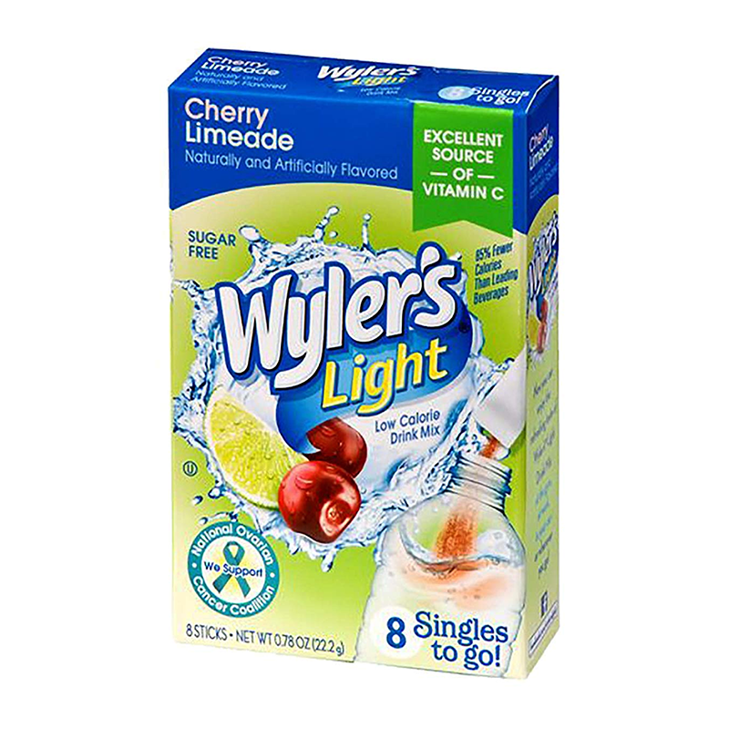 Front of Wyler's Cherry Limeade Singles To Go box featuring brand logo, cherry and lime imagery, and packaging details (22.2g pack with 8 sticks)