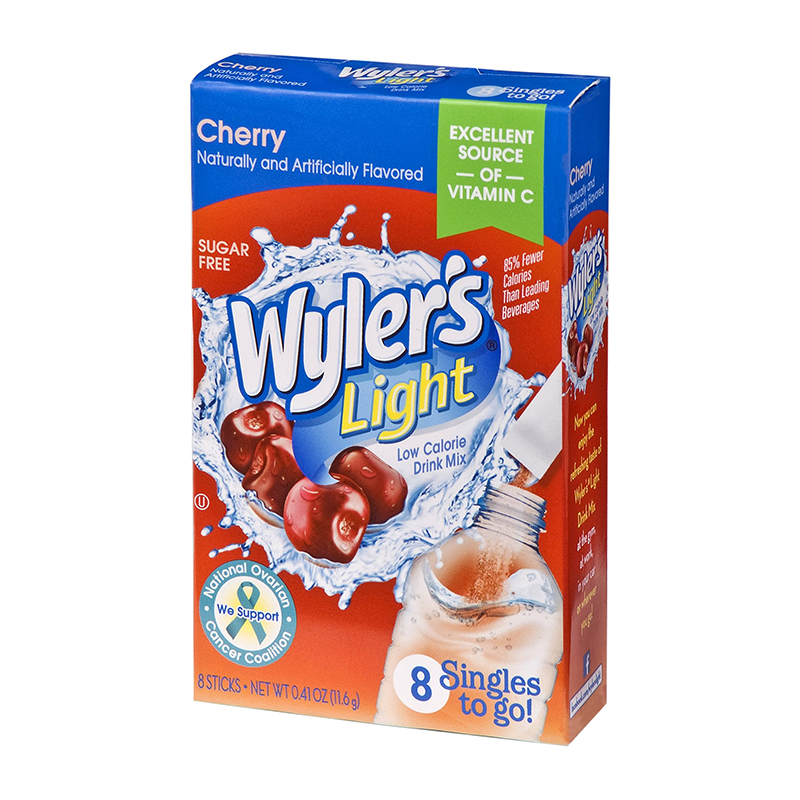 Front of Wyler's Cherry Singles To Go box showing bright blue logo, cherry flavour label, and drink mix packet details (11.6g pack)