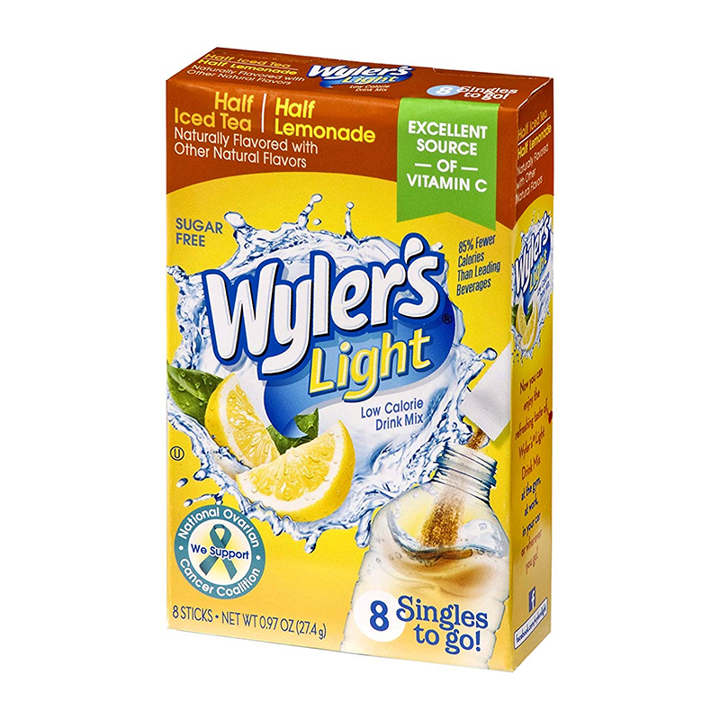 Front of Wyler's Half Iced Tea Half Lemonade Singles To Go box featuring bright logo, images of lemons, and a drink mix format (27.4g pack)