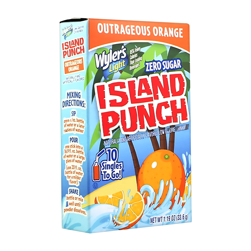 Front of Wyler's Island Punch Outrageous Orange Singles To Go box showing vibrant orange graphics, fruity drink mix packets, and 10 Singles To Go (33.6g pack)