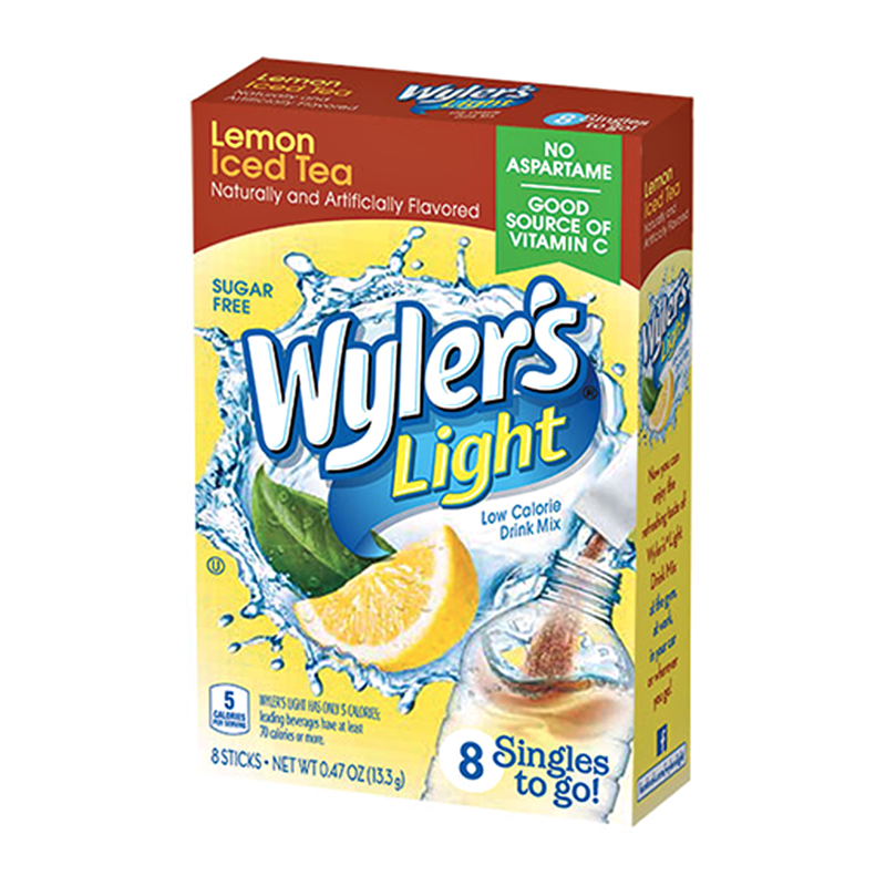 Front of Wyler's Lemon Iced Tea Singles To Go box showing bright logo, lemon flavour cues, and sachets with 8 Singles to Go (13.3g)