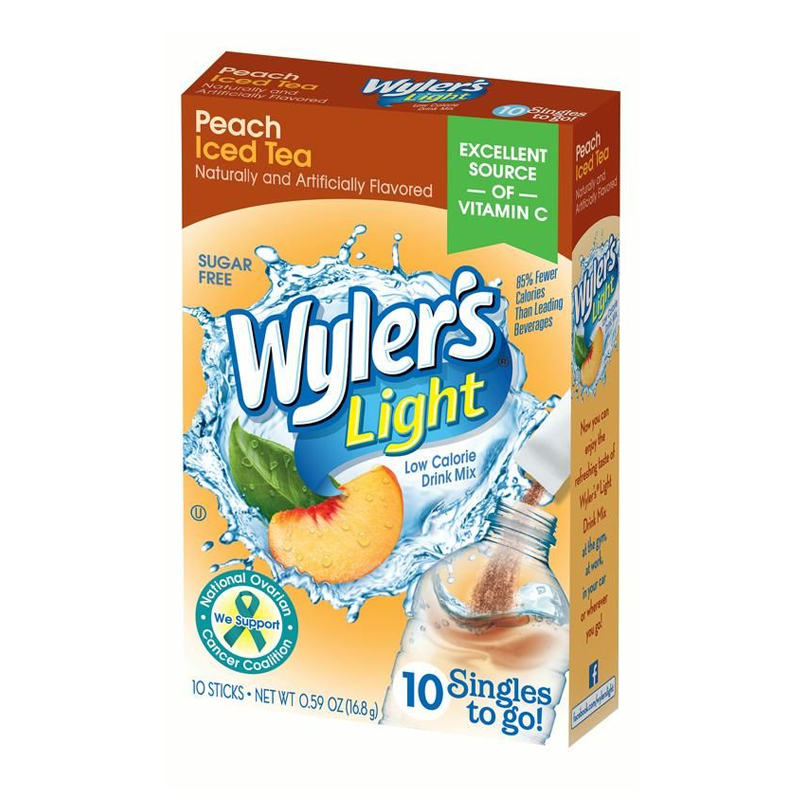 Front of Wyler's Peach Iced Tea Singles To Go box showing peach flavour, sugar-free label, and pack details (10 sticks, 13.3g)