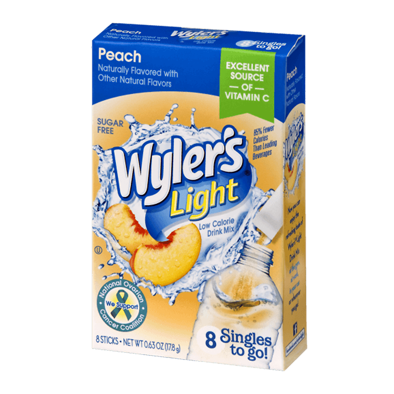 Front of Wyler's Peach Singles To Go box featuring peach flavour label, sugar-free indication, and packaging details (17.8g pack)