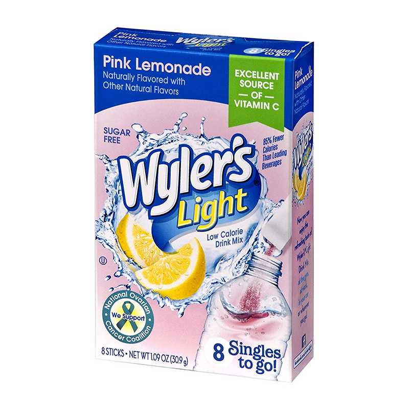 Front of Wyler's Pink Lemonade Singles To Go box showing the logo, pink lemonade flavour, and pack size of 30.9g (8 sticks)