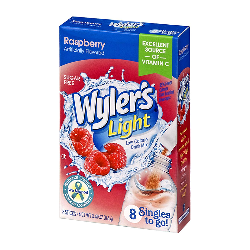Front of Wyler's Raspberry Singles To Go box displaying Wyler's logo, raspberry flavour label, and details on sugar-free low-calorie drink mix (11.6g)