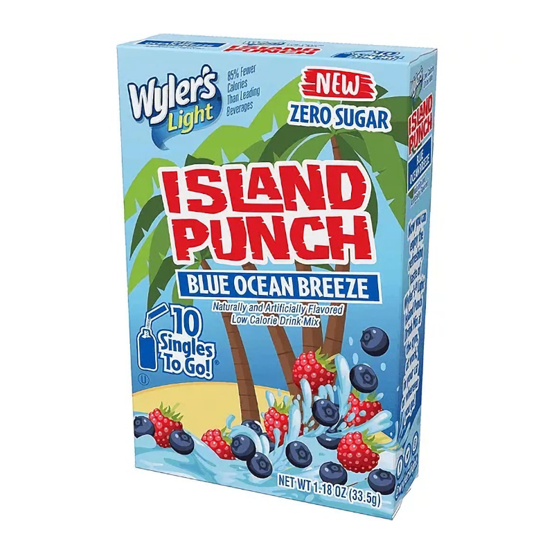 Front of Wyler's Island Punch Blue Ocean Breeze box showing the logo, tropical beach scene, fruits, and 10 Singles To Go label (25.8g pack)