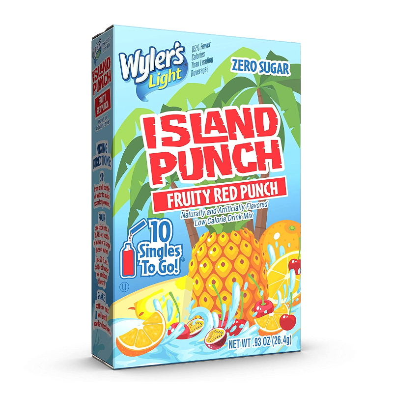 Front of Wyler's Island Punch Fruity Red Punch Singles To Go box showing Wyler's logo, fruity red punch label, and colourful drink mix elements (25.8g pack)