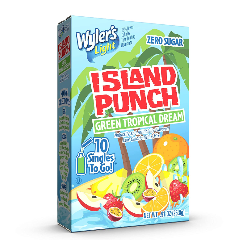 Front of Wyler's Island Punch Green Tropical Dream container showing the logo, tropical fruit illustrations, and pack size (25.8g)