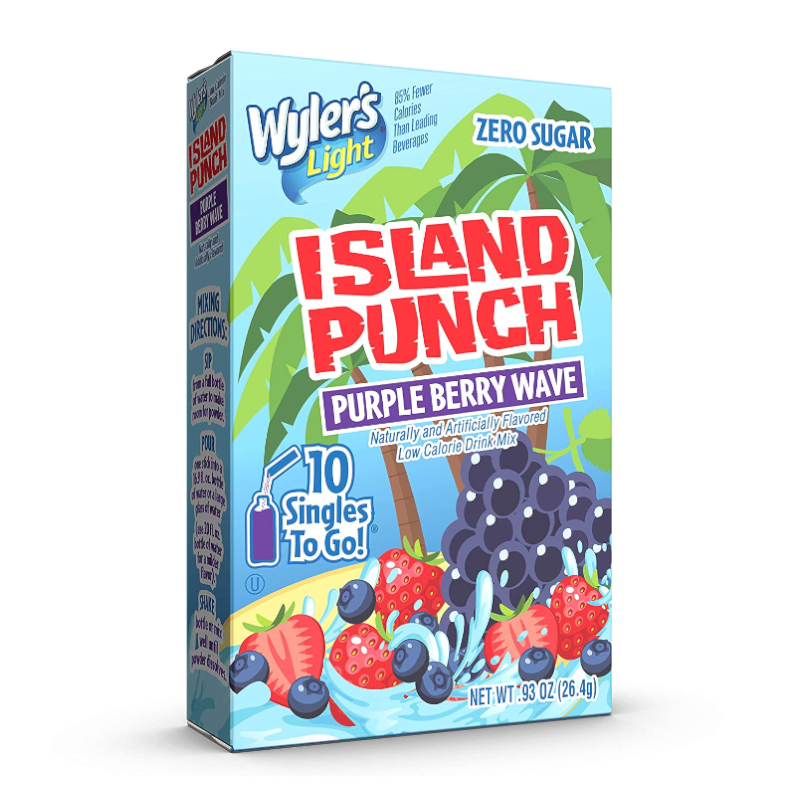 Front of Wyler's Island Punch Purple Berry Wave Singles To Go box showing bright logo, purple berry flavour, and 10 single-serving packets (25.8g).