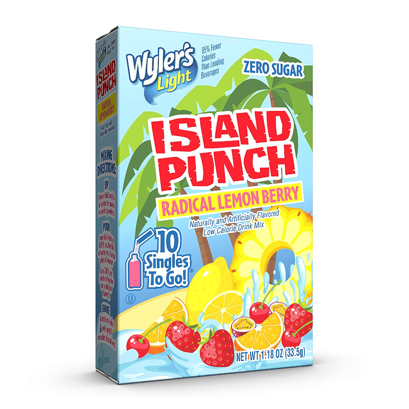 Front of Wyler's Island Punch Radical Lemon Berry Singles To Go box showing logo, flavour name, and image of fruit with drink mix details (25.8g pack)