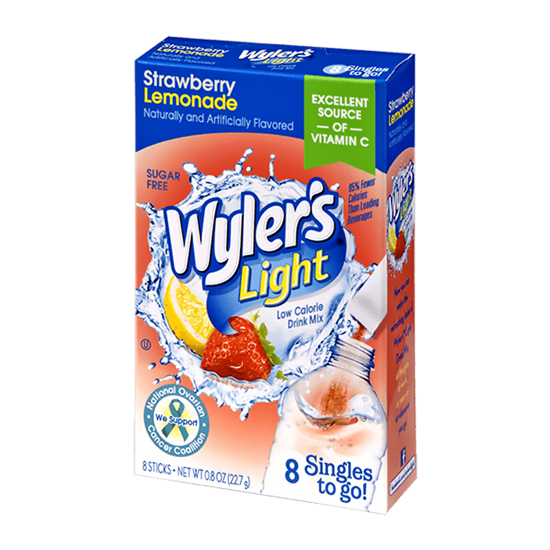 Front of Wyler's Strawberry Lemonade Singles To Go pack showing bright blue logo, strawberry lemonade flavour, and pack size of 22.7g (8 sticks).