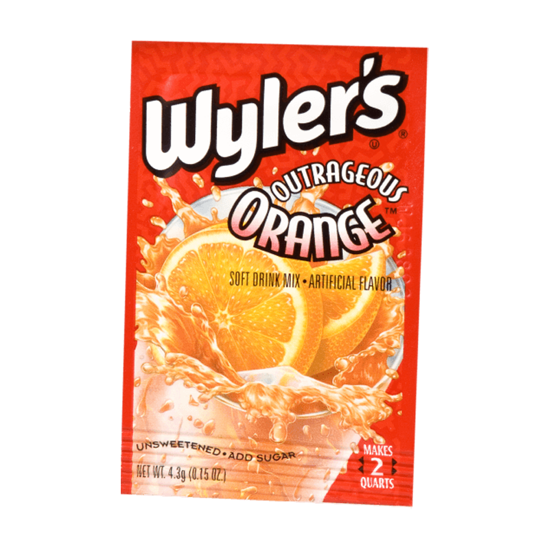 Front of Wyler's Outrageous Orange Drink Mix sachet showing bright orange design, logo, and details including pack size (6.5g).