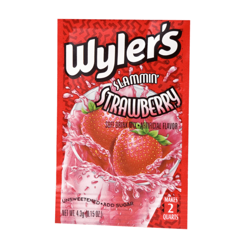 Front of Wyler's Slammin' Strawberry Drink Mix Sachet showing vibrant red packaging, strawberry graphics, and the product title (6.5g)