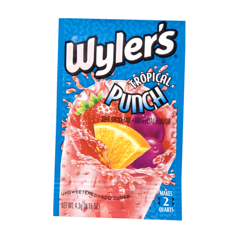 Front of Wyler's Tropical Punch Drink Mix Sachet showing bright blue packaging with the logo and images of tropical fruit (6.5g sachet)