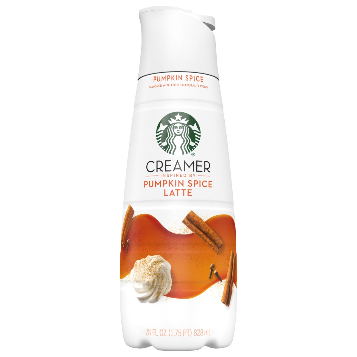 Front of Starbucks Pumpkin Spiced Latte Creamer bottle showing logo, pumpkin spice flavour label, and pack size (828ml)