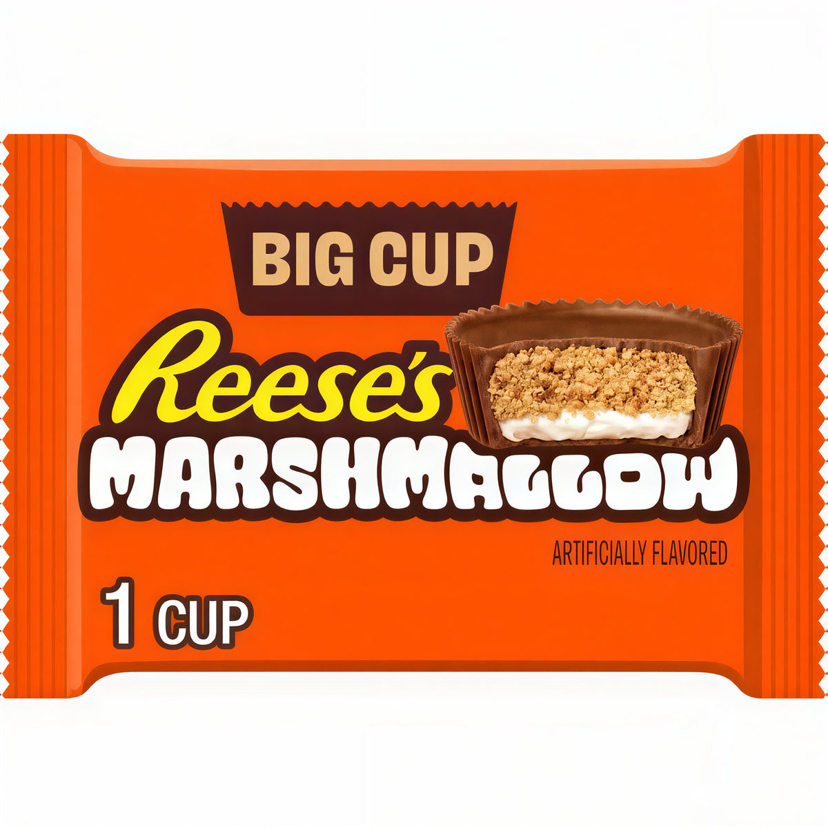 A single Reese's Marshmallow Big Cup candy wrapper on a plain white background. The wrapper is bright orange with brown, yellow, and white text and a photo of a chocolate-covered marshmallow cup on the front.